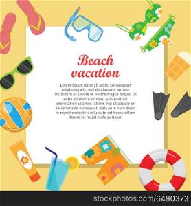 Beach vacation vector concept with place for text. Leisure on seacoast. Coastline with stuff for summer resting and entertainment on sand. For travel company ad, vacation concept, web design. Beach Vacation Vector Concept in Flat Style Design. Beach Vacation Vector Concept in Flat Style Design