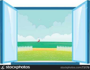 Beach View By The Window. Illustration of spring or summer beach sight from a home interior window