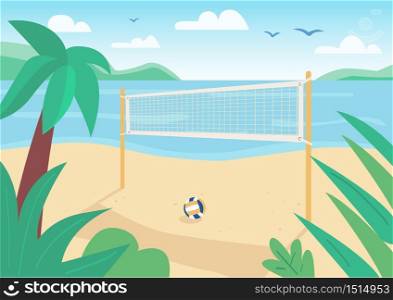Beach volleyball net flat color vector illustration. Ball game outdoor cort. Summer vacation entertainment. Seacoast 2D cartoon landscape with water and tropical palm trees on background