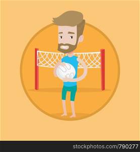 Beach volleyball player holding volleyball ball in hands. Beach volleyball player standing on a background with voleyball net. Vector flat design illustration in the circle isolated on background.. Beach volleyball player vector illustration.