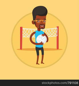 Beach volleyball player holding volleyball ball in hands. Beach volleyball player standing on a background with voleyball net. Vector flat design illustration in the circle isolated on background.. Beach volleyball player vector illustration.