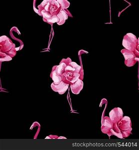 Beach wallpaper with a beautiful tropic pink flamingo and rose flowers. Seamless vector composition on black background