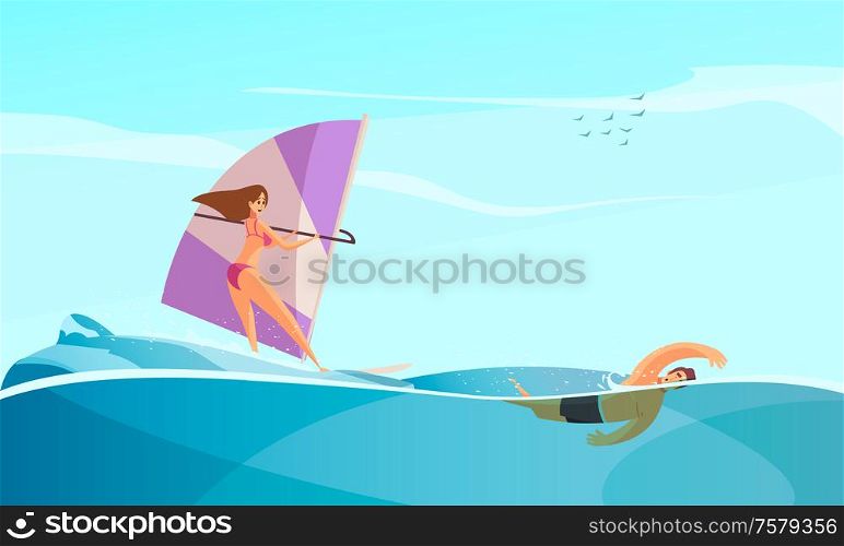 Beach water sport composition with open sea scenery and characters of surfing woman and swimming man vector illustration