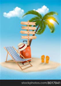 Beach with a palm tree, a direction sign and a beach chair. Summer vacation concept background. Vector.