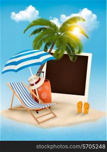 Beach with a palm tree, a photograph and a beach chair. Summer vacation concept background. Vector.