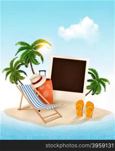Beach with a palm tree, photo and a beach chair. Summer vacation concept background. Vector.