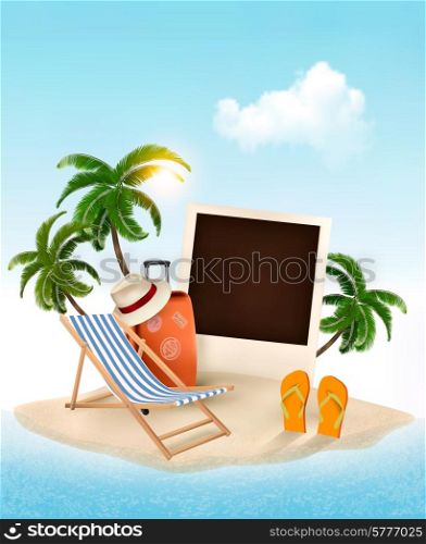 Beach with a palm tree, photo and a beach chair. Summer vacation concept background. Vector.
