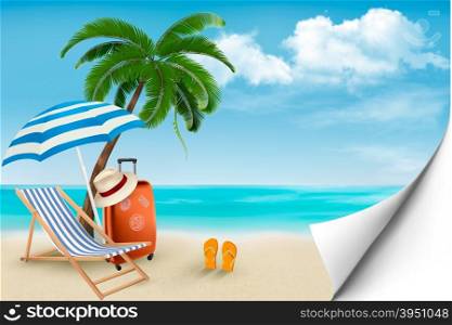 Beach with palm trees and beach chair. Summer vacation concept background. Vector.