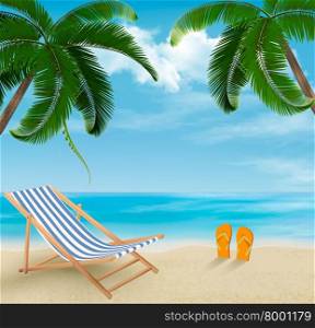 Beach with palm trees and beach chair. Summer vacation concept background. Vector.