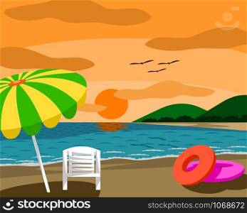Beach with umbrella and chair during sunset, good atmosphere.