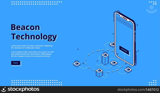 Beacon technology banner. Internet of things system concept. Vector landing page of marketing strategy using radar with wireless connection. Isometric smartphone on blue background. Landing page of beacon technology with smartphone