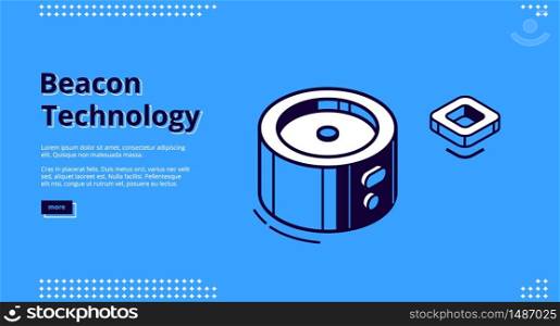 Beacon technology banner. Internet of things system concept. Vector landing page of marketing strategy using radar with wireless connection. Line art illustration on blue background. Vector landing page of beacon technology