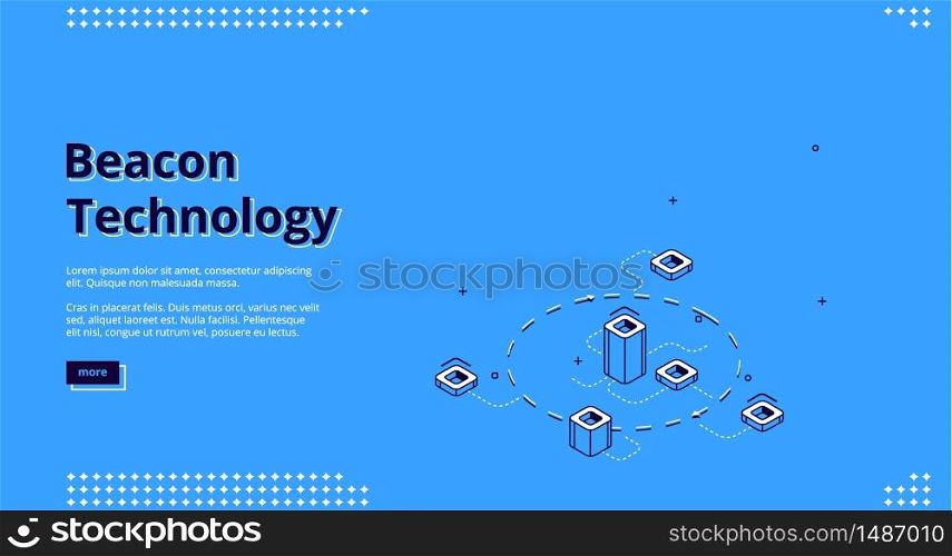 Beacon technology isometric web banner with abstract elements connected with dotted lines. Internet of things, communication network, wireless connection, iot. 3d vector landing page in line art style. Beacon wireless technology isometric web banner