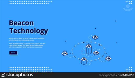 Beacon technology isometric web banner with abstract elements connected with dotted lines. Internet of things, communication network, wireless connection, iot. 3d vector landing page in line art style. Beacon wireless technology isometric web banner