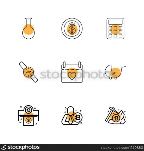 beaker, flask , coin , dollar , calculator , weatch , calender, pram , bitcoin , axe, icon, vector, design, flat, collection, style, creative, icons