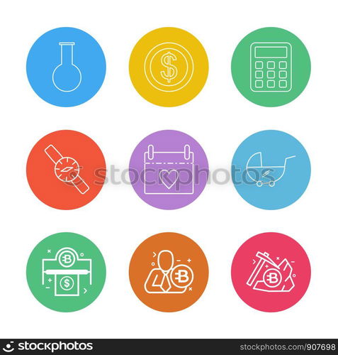 beaker, flask , coin , dollar , calculator , weatch , calender, pram , bitcoin , axe, icon, vector, design, flat, collection, style, creative, icons