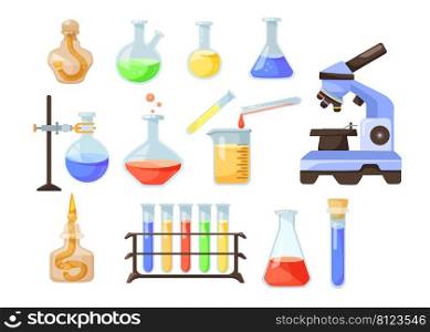 Beakers and burners with colorful liquid cartoon collection set. Using glass flasks for conducting chemical analysis or experiment and making potion. Lab equipment, laboratory, chemistry concept