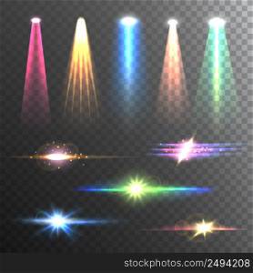 Beam lights of different color and shapes projections gleaming in the darkness composition banner abstract vector illustration . Light Beams Color on Black composition
