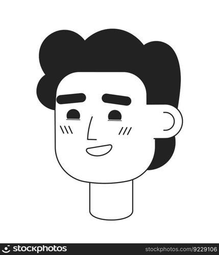 Beaming young guy with fluffy hairstyle monochromatic flat vector character head. Editable black white cartoon face emotion. Hand drawn lineart ink spot illustration for web graphic design, animation. Beaming young guy with fluffy hairstyle monochromatic flat vector character head