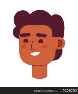 Beaming young guy with fluffy hairstyle semi flat vector character head. Happy student. Editable cartoon avatar icon. Face emotion. Colorful spot illustration for web graphic design and animation. Beaming young guy with fluffy hairstyle semi flat vector character head