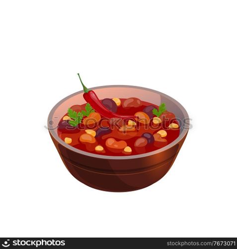 Bean soup mexican cuisine food isolated bowl with tomato sauce, chili pepper and vegetables. Vector traditional vegetarian dish, realistic hot first course, spicy soup with meat and vegetables. Vegetable soup with beans and tomato sauce