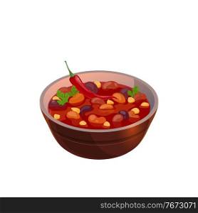 Bean soup mexican cuisine food isolated bowl with tomato sauce, chili pepper and vegetables. Vector traditional vegetarian dish, realistic hot first course, spicy soup with meat and vegetables. Vegetable soup with beans and tomato sauce