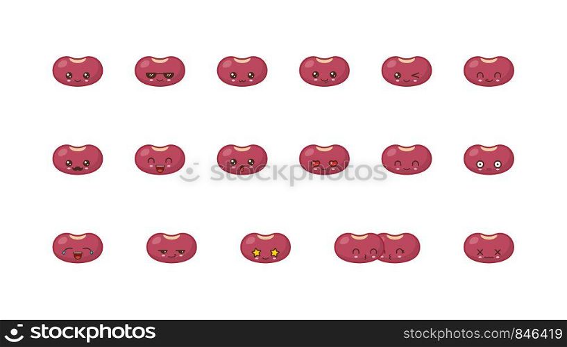 Beans cute kawaii mascot. Set kawaii food faces expressions smile emoticons.