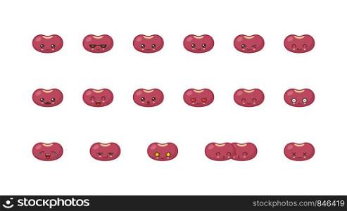 Beans cute kawaii mascot. Set kawaii food faces expressions smile emoticons.