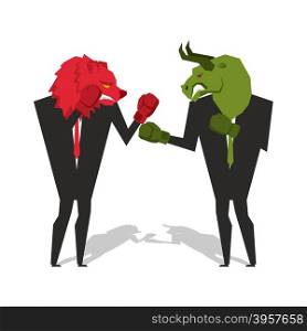 Bear and bull are boxing. Traders fight. Businessmen combat in business suit and boxing gloves. Battle of red and green bear bull. Allegory illustration for business infographics&#xA;