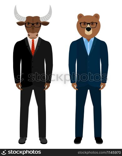 Bear and bull businessmen traders. Bear man and bull man in business suits isolated on white background, vector illustration. Bear and bull businessmen traders