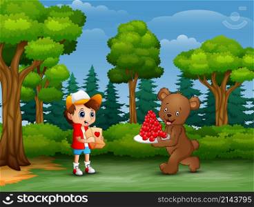 Bear carrying a plate of red heart for boy