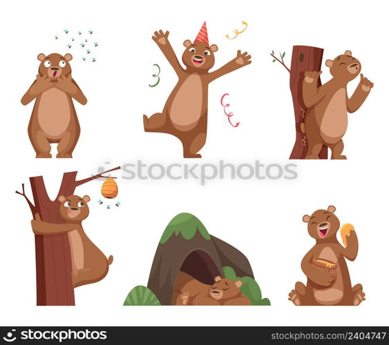 Bear cartoon. Wild funny animal in action poses brown comic bear with honey exact vector characters set. Illustration wild bear animal and honey. Bear cartoon. Wild funny animal in action poses brown comic bear with honey exact vector characters set