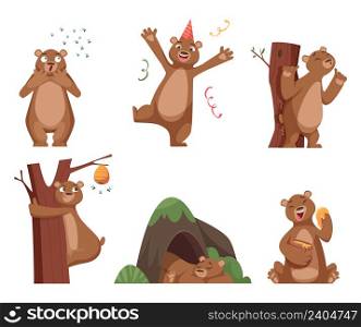 Bear cartoon. Wild funny animal in action poses brown comic bear with honey exact vector characters set. Illustration wild bear animal and honey. Bear cartoon. Wild funny animal in action poses brown comic bear with honey exact vector characters set