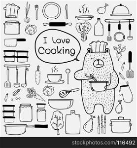 "Bear Chef Is Cooking Say "i Love Cooking". Line Hand Drawn Doodle Vector Cooking Set Include Cooking Equipment & Raw Materials. Vector Illustration."