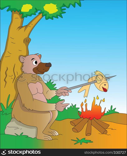 Bear Cooking a Fish on a Campfire, vector illustration