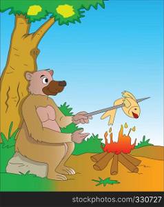Bear Cooking a Fish on a Campfire, vector illustration
