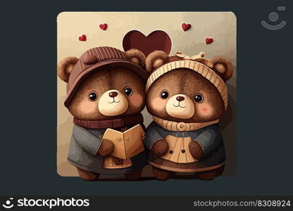 Bear couple in love are standing with postcards. Vector illustration design.