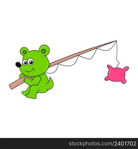 bear cub carrying a fishing rod