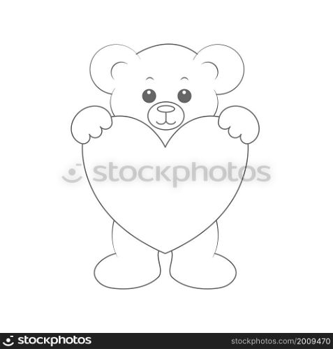 bear cub holds a heart in his hands. An empty contour silhouette for coloring books, scrapbooking and creative design. Flat style.