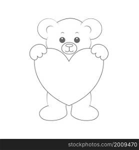 bear cub holds a heart in his hands. An empty contour silhouette for coloring books, scrapbooking and creative design. Flat style.