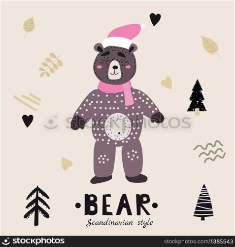 Bear cute funny character. Childish vector illustration in scandinavian style. Bear cute funny character. Childish vector illustration in scandinavian style. Vector illusttration isolated concept for children print poster banner