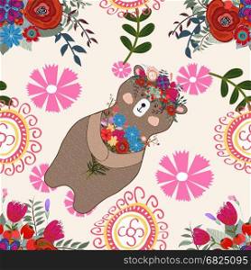 Bear floral background pattern, flower, seamless
