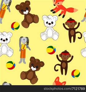 Bear, hare, Fox and monkey toys. Colorful seamless background of Teddy bears, hares, foxes and monkeys for girls and boys. It can be used for baby textiles, wrapping paper and baby room decoration.
