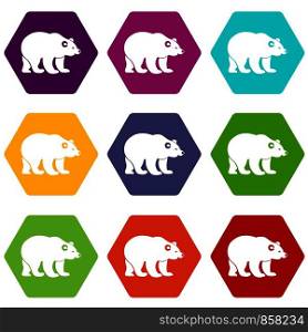 Bear icon set many color hexahedron isolated on white vector illustration. Bear icon set color hexahedron