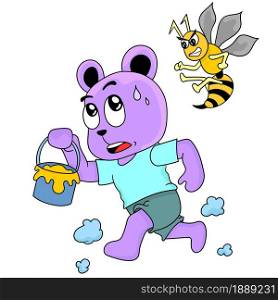 Bear is running chased by bees for stealing honey. cartoon illustration sticker emoticon