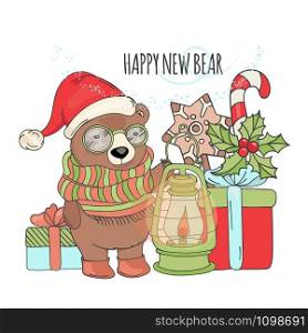 BEAR LAMP New Year Animal Cartoon Card Vector Illustration Set