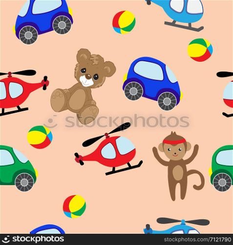 Bear, machine, helicopter and monkey toys. Colorful seamless background of Teddy bears and monkeys, cars and helicopters for girls and boys. It can be used for baby textiles, wrapping paper and baby room decoration.