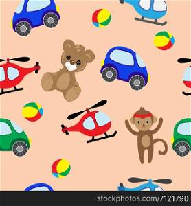 Bear, machine, helicopter and monkey toys. Colorful seamless background of Teddy bears and monkeys, cars and helicopters for girls and boys. It can be used for baby textiles, wrapping paper and baby room decoration.