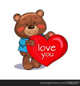Bear male holding red heart, text I love you, dressed in blue t-shirt, fluffy stuff teddy-bear isolated on white vector illustration in cartoon design. Bear male Holding Red Heart Text I love You Vector