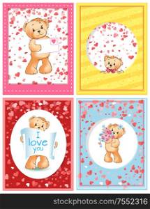 Bear plush toy with love letter valentines holiday vector. Celebration of special day for couples, i love you poster, hearts and greeting card set. Bear Plush Toy with Love Letter Valentines Holiday